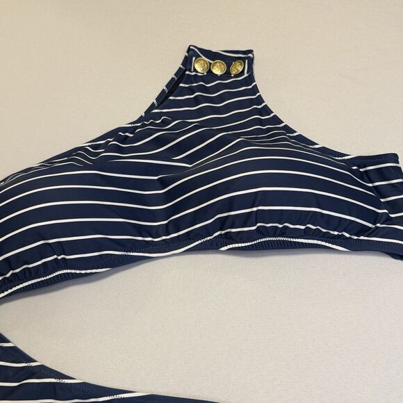 NWT J Crew Cutout One Shoulder One Piece Swimsuit Navy Blue White Stripe Swim 24 - Picture 5 of 15